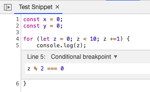 Screenshot of the text box shown after clicking Add conditional breakpoint, it contains the code 'z % 2 === 0'