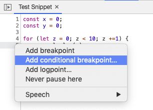 Screenshot of the menu when right clicking on a line number in Chrome Dev Tools' Source tab. It shows the 'Add conditional breakpoint' option highlighted as the second option