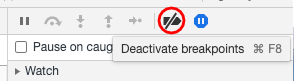 Screenshot of the Chrome Dev Tools' debugging toolbar with the 'Deactivate Breakpoints' button highlighted