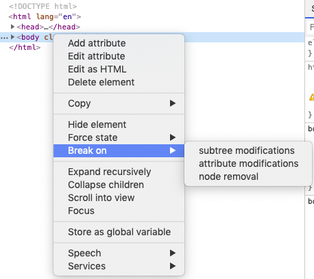 Screenshot of the right-click menu of a DOM node in the Chrome Dev Tools' Elements tab. It shows the 'Break on' option expanded showing the 'subtree modifications', 'attribute modifications' and 'node removal'