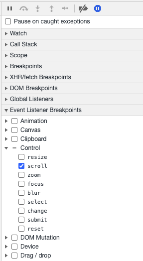 Screenshot of the Event Listener Breakpoint pane of Chrome Dev Tools showing a list of event categories. The 'Control' category is expanded and the 'Scroll' item checked