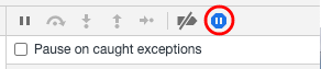 Screenshot of the Chrome Dev Tools' debugging toolbar showing the Pause on Exception option highlight. It also shows a checkbox below it, labelled 'Pause on caught exceptions'