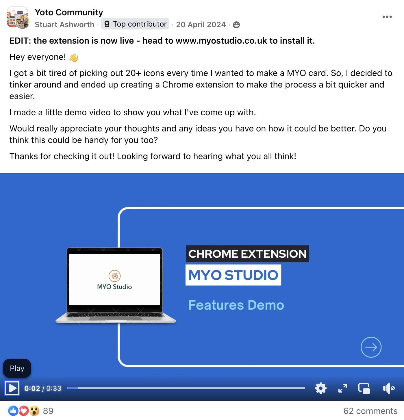 My first Facebook group post introducing MYO Studio
